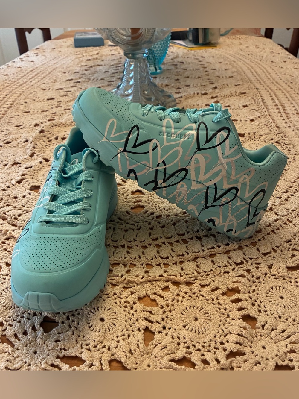 Skechers J Goldcrown Uno Lite Metallic Love  Turquoise Tennis Shoes